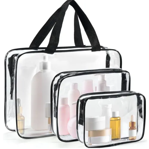 Sac de toilette transparent en plastique transparent souple avec fermeture éclair noire.