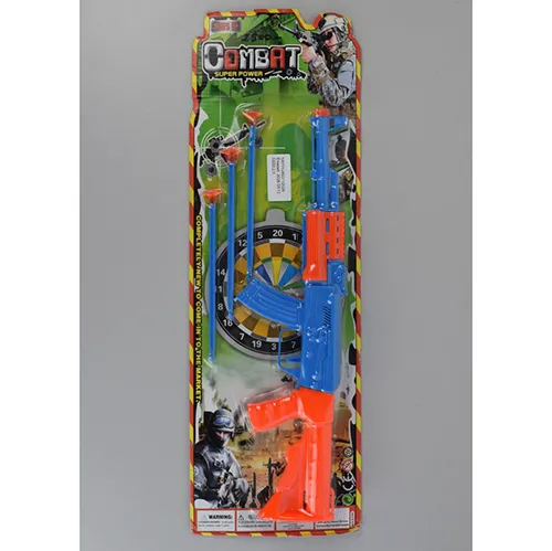 Pistolet jouet en plastique de couleurs bleue et orange, fourni avec trois projectiles en plastique bleu avec ventouses orange.