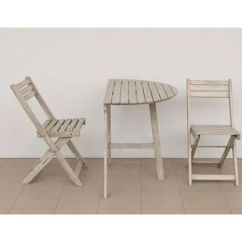 Ensemble de meubles, composé d'une table semi-circulaire et de 2 chaises, destiné à un usage extérieur.